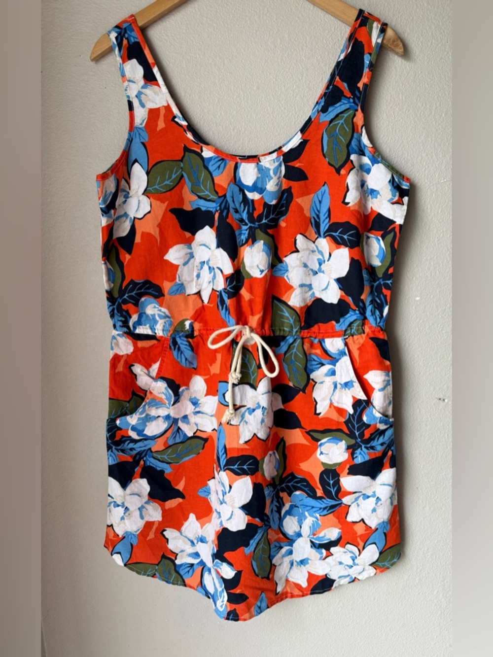 Gap Linen Blend Hawaiian Print Sundress Orange Womens Size Medium Tie Waist